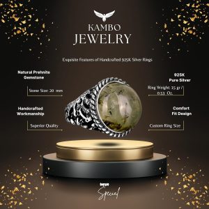 925 Ayar Gümüş Erkek Yüzük, Doğal Prehnit Taşı, Doku Detaylı Bant, Yeşil Prehnit Taşı - Görsel 2