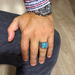 Gerçek Doğal Turkuaz Taşı ile Gümüş Erkek Yüzük - Cesur Kare Tasarım - Görsel 3