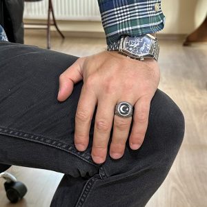 Yıldız ve Ay Yüzüğü - Erkekler için 925 Ayar Gümüş Bayrak Yüzüğü - Görsel 3