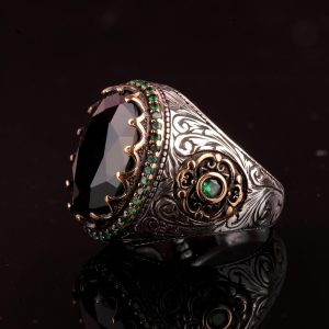 Kral Yüzük, Yaşlandırma Yüzüğü, Sultan Yüzüğü, Erkek 925 Ayar Gümüş Yüzük, Yapay Zümrüt Taşı, yeşil - Görsel 5