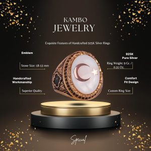 925 Ayar Gümüş Altın Kaplama Erkek Yüzük - Hilal ve Yıldız Tasarımı (Beyaz) - Görsel 2