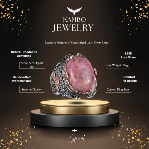 Gümüş Camii Yüzük, Rhodonit Doğal Taş Yüzük, 925 Ayar Gümüş Erkek Yüzük - Görsel 2