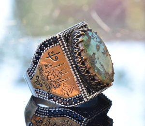 Gerçek Arizona Turkuaz Taşlı İslami Gümüş Yüzük - Spiritüel Erkek Yüzüğü - Görsel 4