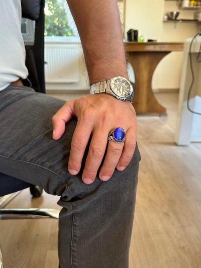 925 Ayar Gümüş Yüzük - Yapay Taş Gümüş Yüzük - El Yapımı Yüzük (Yapay Koyu Mavi Göz Taşı) - Görsel 3