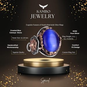 Mavi Kedi Gözlü Taş Yüzük, Aslan Sembolü Erkek Yüzüğü, 925 Ayar Gümüş Tasarım Erkek Yüzüğü - Görsel 2