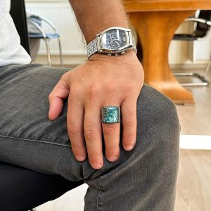 Gerçek Doğal Arizona Turkuaz Taş Yüzük - 925 Ayar Gümüş İslami Yüzük - El Yapımı Vintage Tasarım - Görsel 3