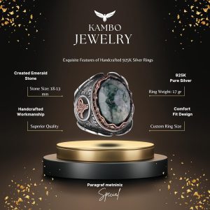 Osmanlı Tuğra Zümrüt Yapay Taş Yüzük, 925 Ayar Gümüş Yüzük - Görsel 2