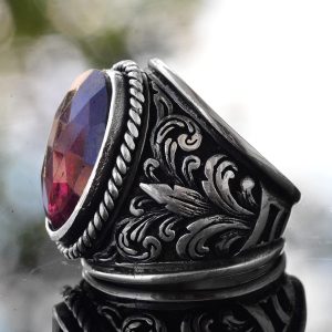 Doğal Granat Taşlı Yüzük - Lily Desenli Erkek Yüzüğü - 925 Ayar Sterlin Gümüş Tasarım - Görsel 4