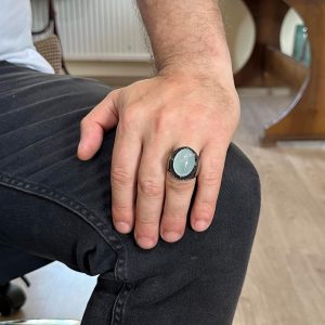 Davud Yıldızı Yüzük | Cabochon Akuamarin Taşı | Huzurlu 925 Ayar Gümüş Erkek Yüzük | Netlik ve Sakin Tasarım - Görsel 5