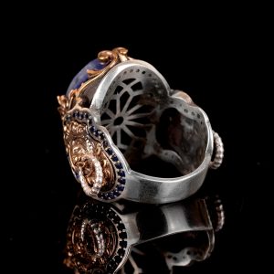 El Yapımı 925 Ayar Gümüş Erkek Yüzük, Gerçek Taş Yüzük, Aslan Tasarımı, Altın Kaplama Doğum Taşı Yüzüğü (Sodalit) - Görsel 7