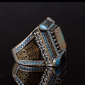 Doğal Turkuaz Taş Yüzük, Kare Tasarım - 925 Ayar Gümüş Erkek Yüzüğü, El Yapımı Şıklık - Görsel 4