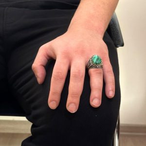 925 Ayar Katı Gümüş Erkek Yüzük, Doğal Malakit Taşlı Yüzük - Görsel 3