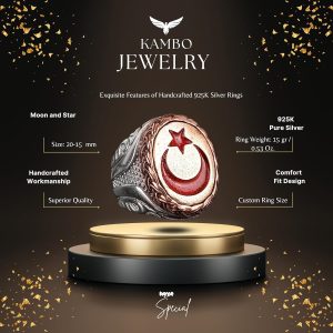 925 Ayar Gümüş Erkek Yüzük, Bronz Hilal ve Yıldız ile Osmanlı Tarzı Türk Yüzük, Bronz Taş Tasarımı - Görsel 2