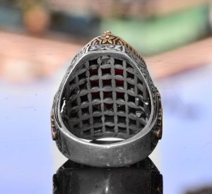 El Yapımı Vintage Tasarım Zümrüt Yüzük - 925 Ayar Gümüş Erkek Yüzük Altın Detaylarla (Jade) - Görsel 8