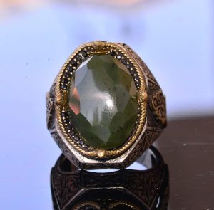 El Yapımı Vintage Tasarım Zümrüt Yüzük - 925 Ayar Gümüş Erkek Yüzük Altın Detaylarla (Jade) - Görsel 5