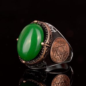 Gümüş Süleyman Mührü Yüzüğü, Yeşil Taş Yüzük - Huzurlu 925K Katı Gümüş Erkek Yüzüğü - Uyum ve Refah Tasarımı - Görsel 5