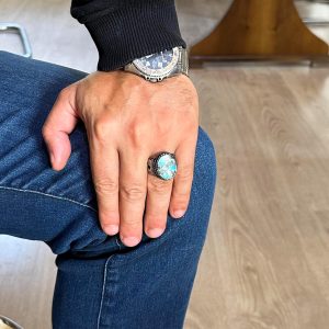 Gerçek Doğal Arizona Turkuaz Baykuş Figürlü Taş Yüzük, Sterlin Gümüş Erkek Yüzüğü - El Yapımı Tasarım (Stil-3) - Görsel 3