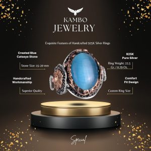 925 Ayar Gümüş Erkek Yüzük - Açık Mavi Kedi Göz Taşı - Aslan Sembolü El Yapımı Yüzük - Görsel 2