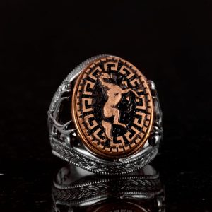 925 Ayar Gümüş Yüzük - At Motifli Antika Yüzük - Kılıç Yüzüğü - Gümüş Turkuaz Taşlı Erkek Yüzüğü - Vintage Tarzı, El Yapımı Takı - Görsel 2