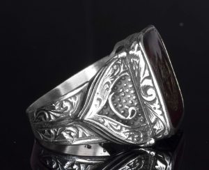 925 Ayar Gümüş Erkek Yüzük - Ay ve Yıldız ile Oluşturulmuş Granat Taşı - Görsel 5