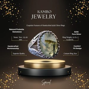 Gerçek Prehnit Doğal Taş Yüzük, Erkekler için İslami Yüzük, 925 Ayar Gümüş - Görsel 2