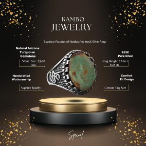 Gerçek Arizona Turkuaz Taş Yüzük, Ali Yazılı Yüzük, Müslüman Yüzük, 925 Ayar Gümüş Yüzük - Görsel 2