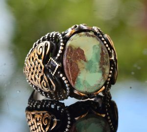 Erkekler için Yeşil Turkuaz Taş Yüzük, 925 Ayar Gümüş ile Vintage Orta Doğu Tasarımı (Stil-1) - Görsel 4