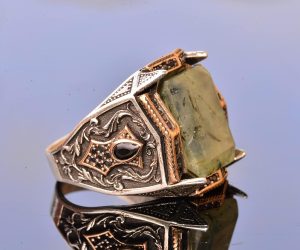 Gerçek Prehnit Yeşim Taşı Yüzük - Ayar Gümüş Erkek Bant Yüzüğü - Görsel 4