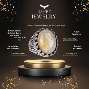 925 Ayar Katı Gümüş Erkek Yüzük - Doğal Taşlarla El Yapımı Zarafet (Altın Rutilatlı Kuvars Taşı) - Görsel 5