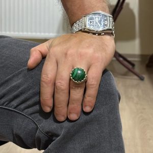 Gerçek Doğal Taş Yüzük - El Yapımı Kral Yüzüğü - 925 Ayar Gümüş Yüzük (Malakit) - Görsel 3