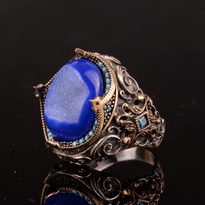 Gerçek Doğal Druzy Kristal Kuvars Taş Yüzük, 925 Ayar Gümüş Yüzük Erkekler İçin - Görsel 6