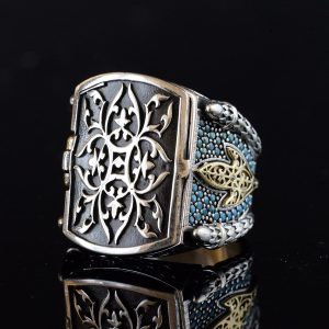 925 Ayar Gümüş Erkek Kutu Yüzük, Turkuaz Taşlarla, Erkekler İçin Farklı Tasarım - Görsel 5