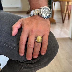 Gerçek Doğal Taş El Yapımı Yüzük - 925 Ayar Gümüş El Yapımı Yüzük - Şık Yüzük (Sarı akik) - Görsel 3