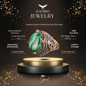925 Ayar Gümüş Erkek Yüzük, Doğal Malahit ile El Yapımı Vintage Tasarım, Erkekler için Şık Yeşil Taş Yüzük - Görsel 2