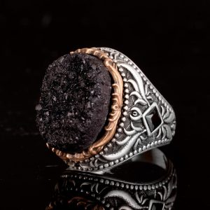 Vintage Erkek 925 Ayar Gümüş Yüzük Druzy Kuvars: Yeşil, Kırmızı, Lacivert, Bej, Siyah (Siyah) - Görsel 5