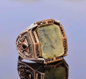 Gerçek Prehnit Yeşim Taşı Yüzük - Ayar Gümüş Erkek Bant Yüzüğü - Görsel 5