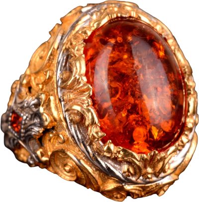 Yapay Amber Taşı Yüzük, 925 Ayar Gümüş Erkek Kral Yüzüğü, Altın Kaplama - Görsel 1