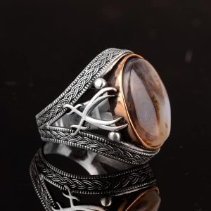 Gerçek Doğal Taş Erkek Yüzük, Kılıç Yüzüğü, 925 Ayar Gümüş Erkek Yüzük (Yemeni Akik) - Görsel 5