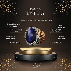 Kral Yüzük - Yapay Mavi Kaplan Göz Taşı, 925 Ayar Gümüş Unisex Yüzük - Görsel 2
