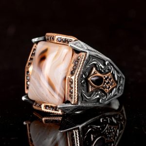 Gerçek Doğal Yemen Akik Taşı Yüzük - 925 Ayar Gümüş Yüzük Erkekler İçin (Stil-3) - Görsel 5