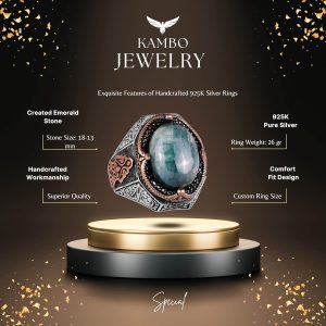 Zarif El Yapımı Cabochon Zümrüt Taşlı Yüzük, 925 Ayar Gümüş Yüzük - Görsel 2