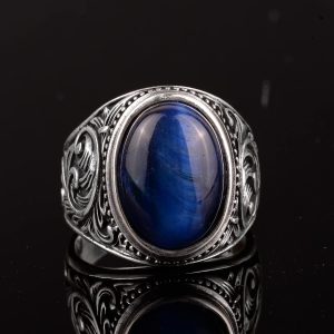925 Ayar Katı Gümüş Mavi Kedi Gözü Taşı Erkek Yüzük - El Yapımı Stacking Yüzük - Görsel 3