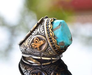 Gerçek Arizona Turkuaz Taşlı Yüzük, Osmanlı İmparatorluğu, Sterlin Gümüş Yüzük, Mavi - Görsel 4