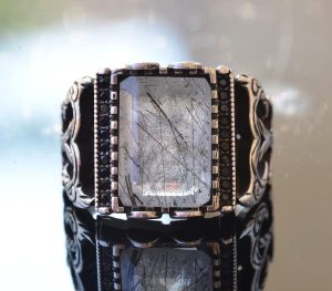 Gerçek Rutilat Kuvars Dikdörtgen Taş Yüzük, Gümüş Erkek Yüzüğü - Görsel 5