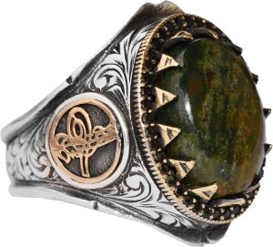 Doğal Kan Taşı Erkek Yüzüğü - 925 Ayar Gümüş Osmanlı İmparatorluğu Tuğra Tasarımı - Görsel 7