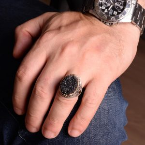 Vintage Erkek 925 Ayar Gümüş Yüzük Druzy Kuvars: Yeşil, Kırmızı, Lacivert, Bej, Siyah (Siyah) - Görsel 3