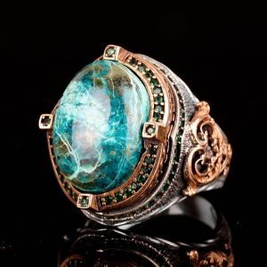 Gerçek Doğal Krysokolla Taş Yüzük, 925 Ayar Gümüş Erkek Yüzük, Şık Yüzük - Görsel 5