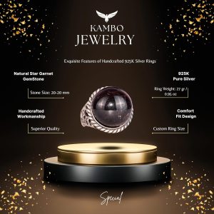 925 Ayar Gümüş Erkek Yüzük Doğal Yıldız Garnet Taşı - Nadir İşlenmemiş Garnet Kaboşon - Görsel 2