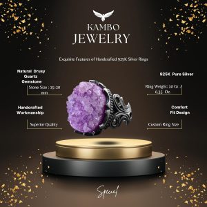 Gerçek Drusy Kuvars Taş Yüzük, 925 Ayar Gümüş Erkek Yüzük, El Yapımı Cesur Takı - Görsel 2