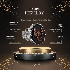 925 Ayar Gümüş Yüzük - Doğal Obsidan Taş Yüzük - Yüzükler (Akrep) - Görsel 2